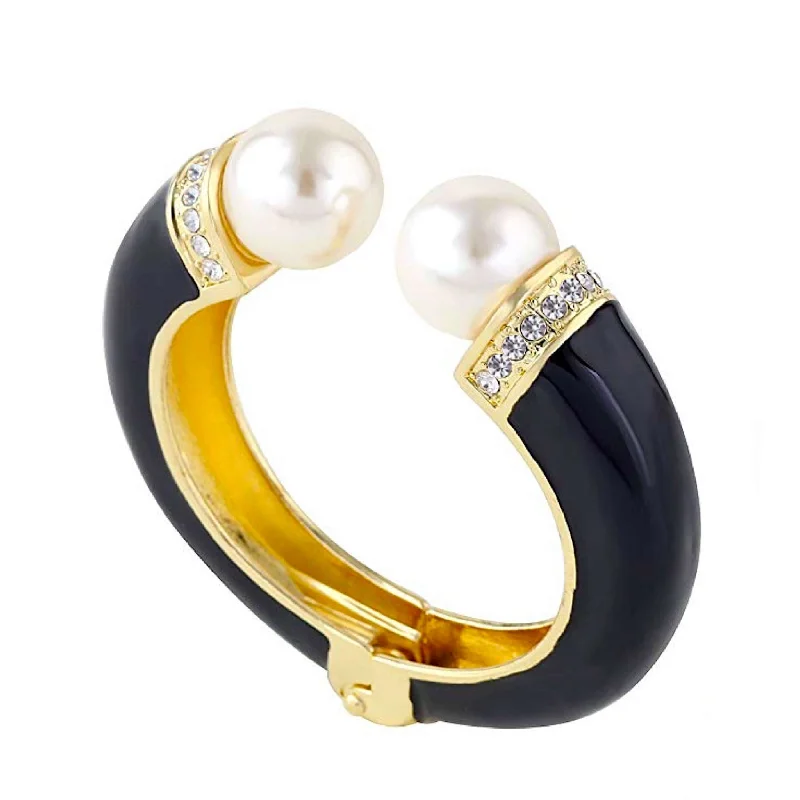 Shop High-Quality Jewelry At Jaw-Dropping Discounts 18k Gold Black Enamel Pearl Cuff Bangle
