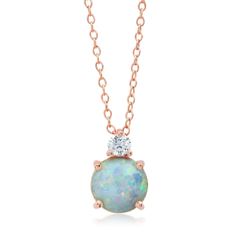 Upgrade Your Jewelry Collection For Less 18k Rose Gold Overlay over Sterling Silver Round Created Opal Pendant Necklace with CZ Accents on 18 Inch Adjustable Chain