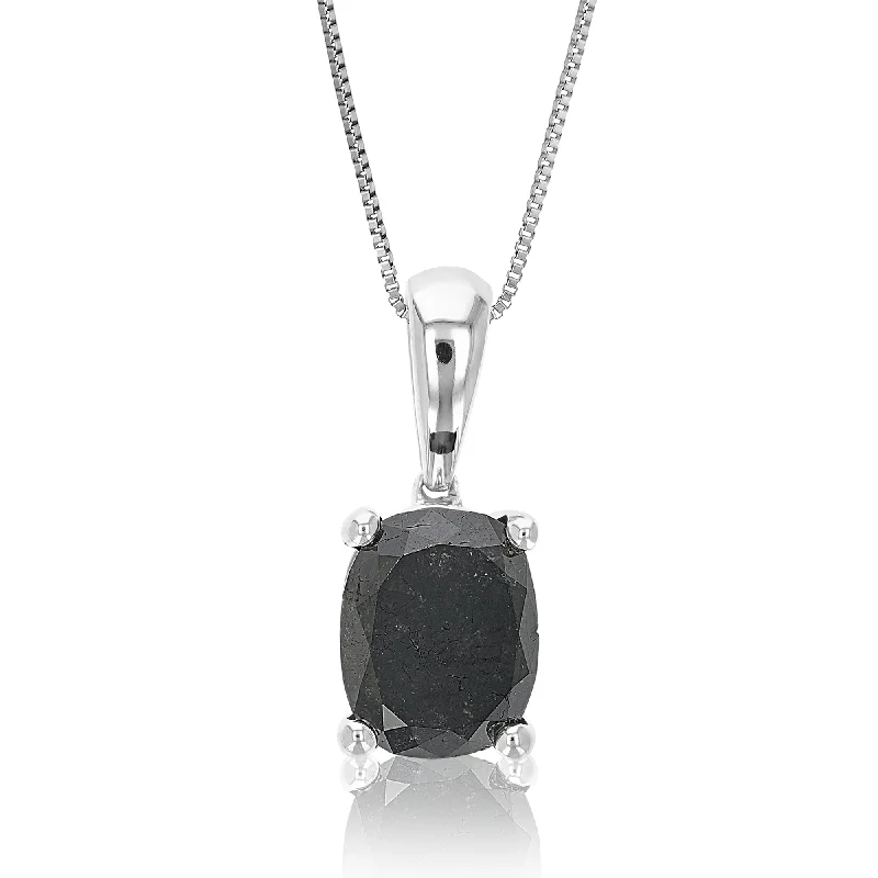 3 cttw Oval Shape Black Diamond Pendant Necklace Sterling Silver With Chain