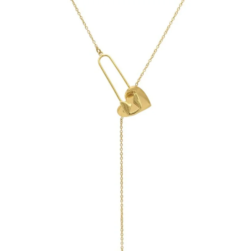 Adornia  Heart Safety Pin Lariat Necklace gold