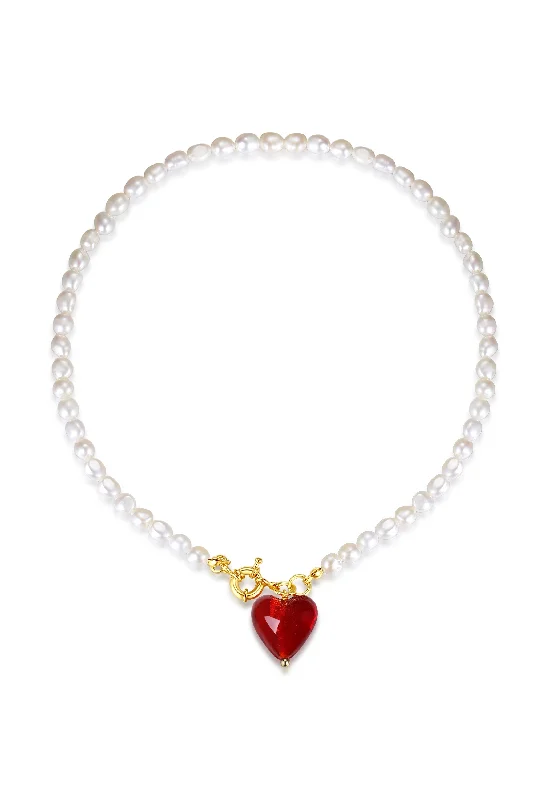 Waterproof Stainless Steel Jewelry For Lasting Beauty Esmée Red Glaze Heart Pendant Pearl Necklace