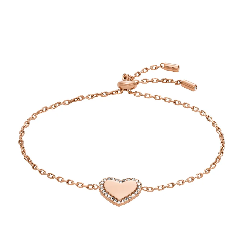 Grab Your Dream Jewelry At The Lowest Prices Fossil Women's Elliott Rose Gold-Tone Stainless Steel Heart Chain Bracelet