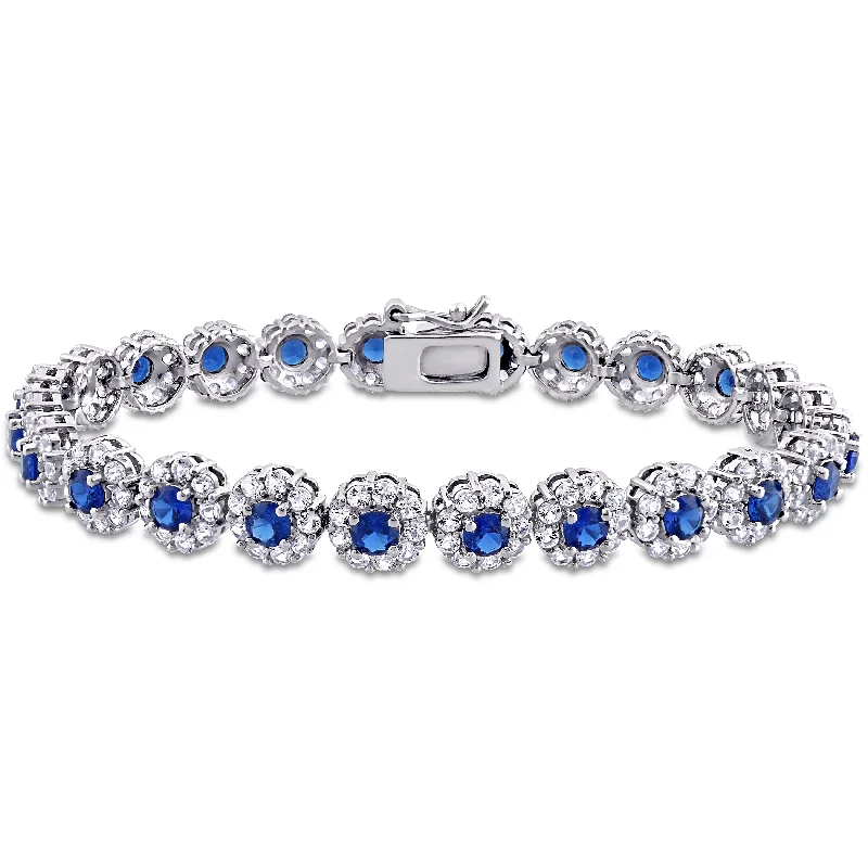 Mimi & Max 11 1/3ct TGW Created Blue and White Sapphire Halo Tennis Bracelet in Sterling Silver