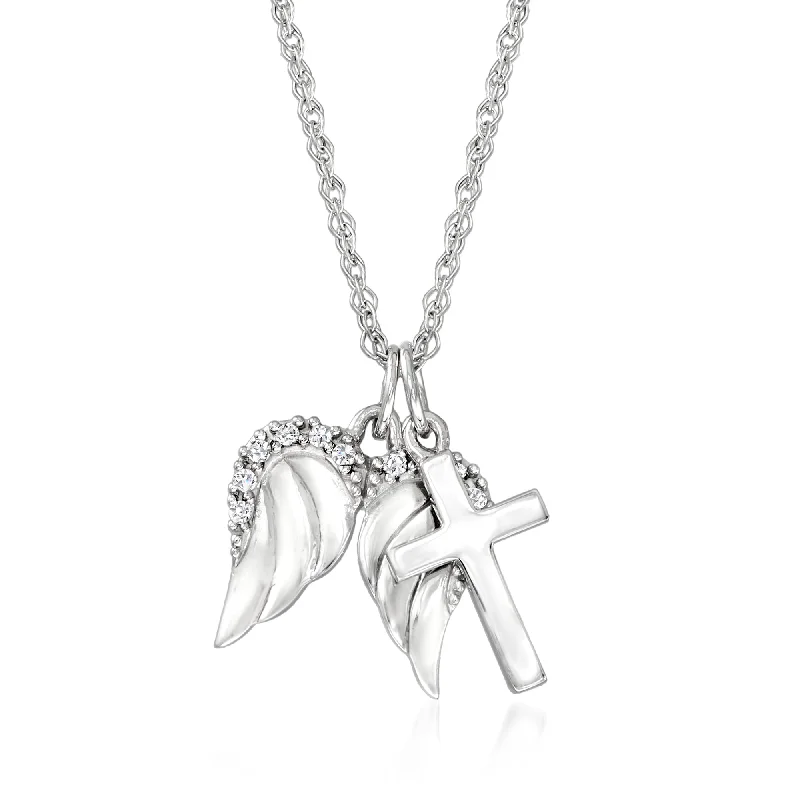 Ross-Simons 14kt White Gold Cross and Angel Wings Pendant Necklace With Diamond Accents