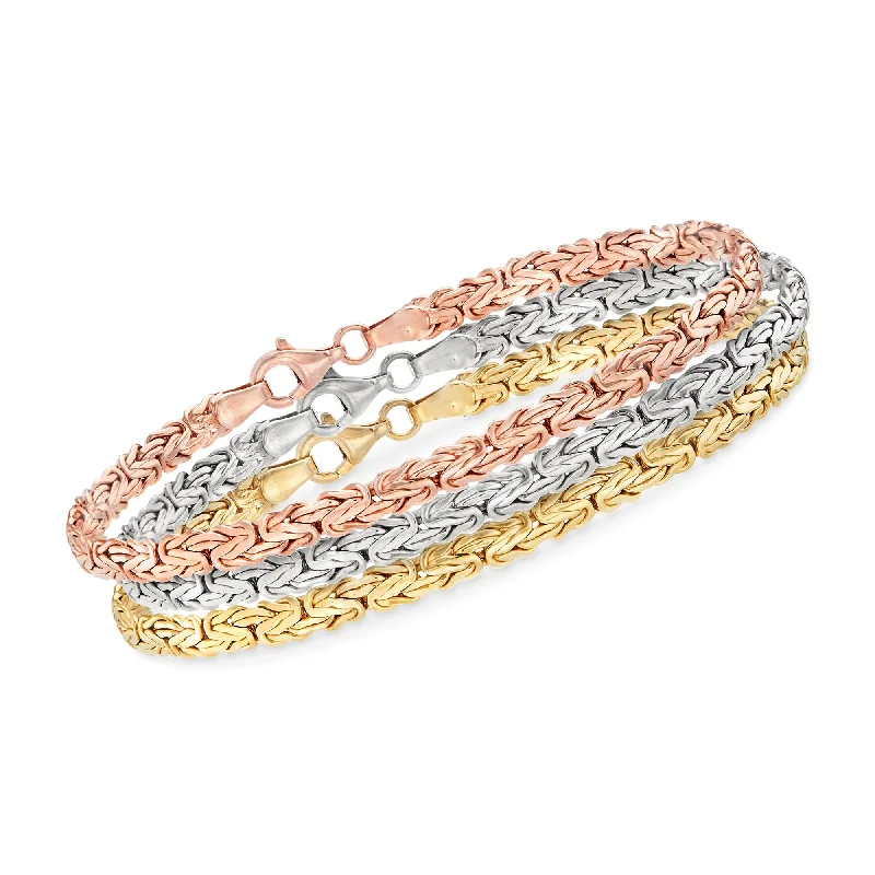 High-End Jewelry, Now More Affordable Than Ever Ross-Simons 18kt Tri-Colored Gold Over Sterling Jewelry Set: 3 Flat Byzantine Bracelets