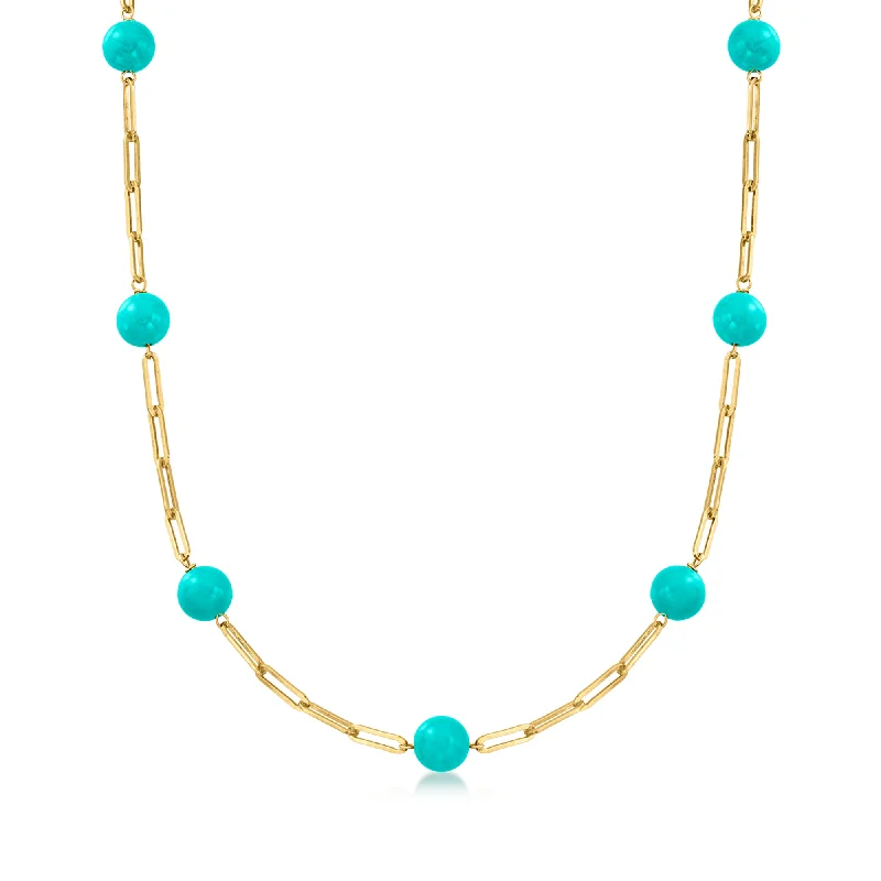 Handmade Pearl Jewelry For Timeless Elegance Ross-Simons 8mm Turquoise Bead Paper Clip Link Necklace in 18kt Gold Over Sterling
