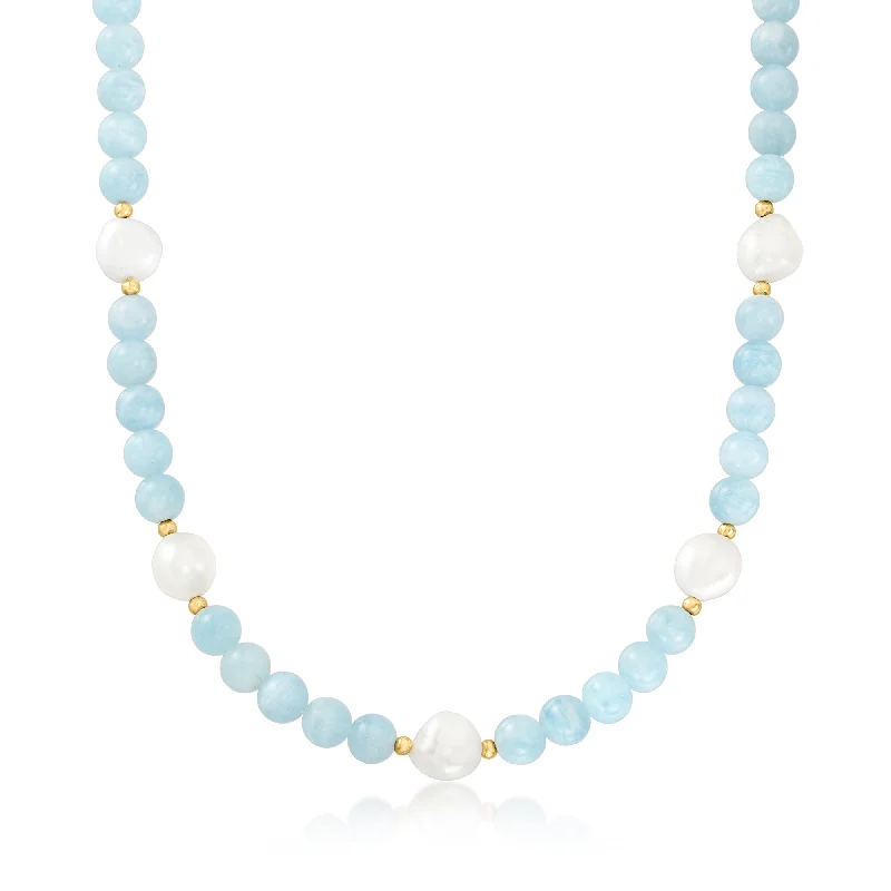 Ross-Simons Aquamarine Bead and 11-12mm Cultured Baroque Pearl Necklace With 14kt Yellow Gold