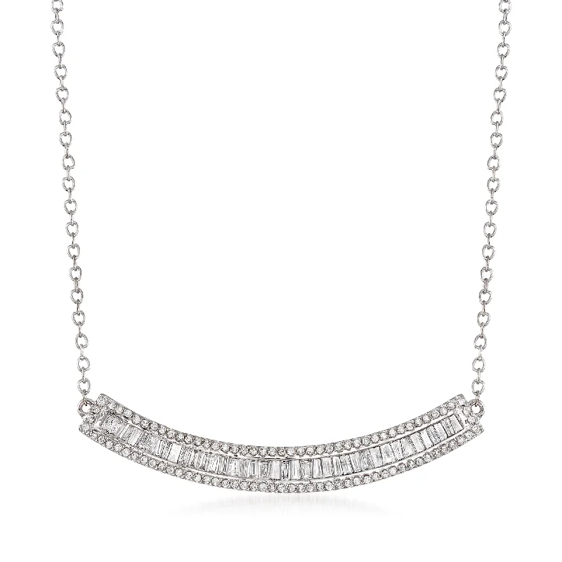 Don't Miss Out – Shop Elegant Jewelry For Less Ross-Simons Baguette and Round Diamond Curved Bar Necklace in 14kt White Gold
