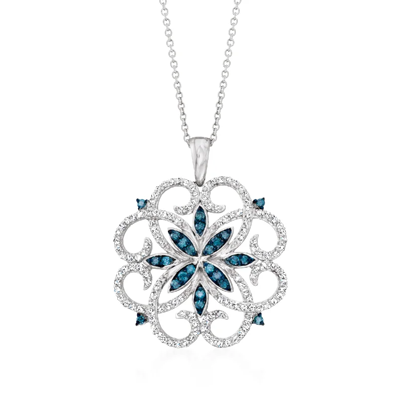 Glamorous Jewelry, Glamorous Deals – Shop Now Ross-Simons Blue and White Diamond Scrolling Medallion Pendant Necklace in Sterling Silver