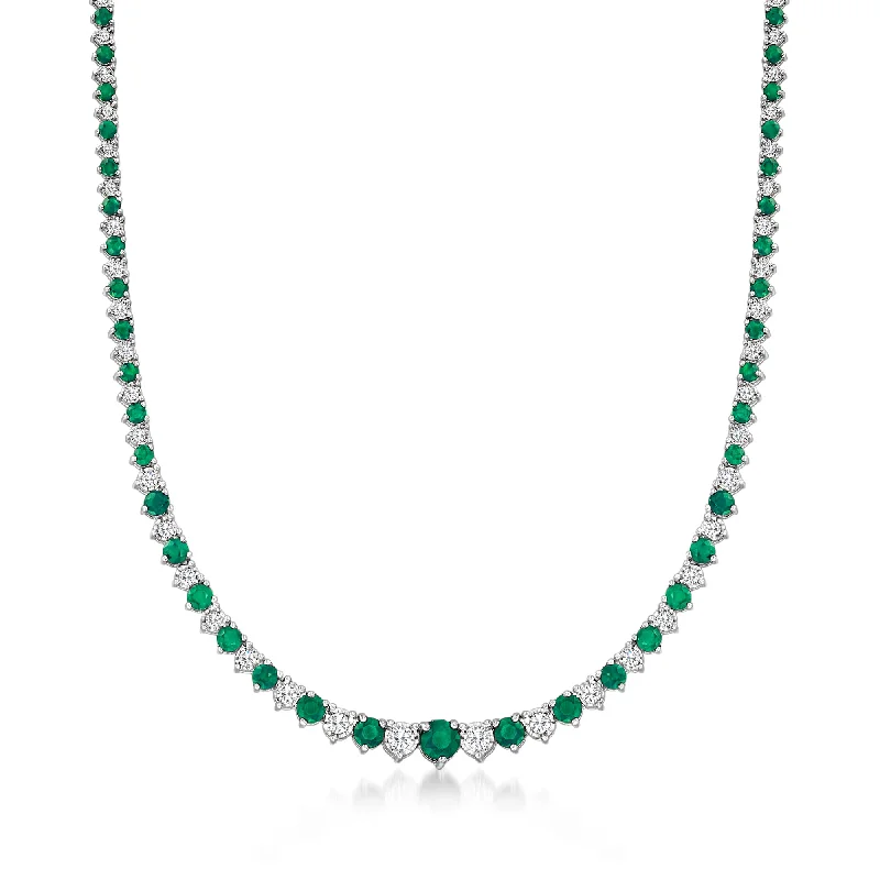 Ross-Simons Emerald and Diamond Necklace in Sterling Silver