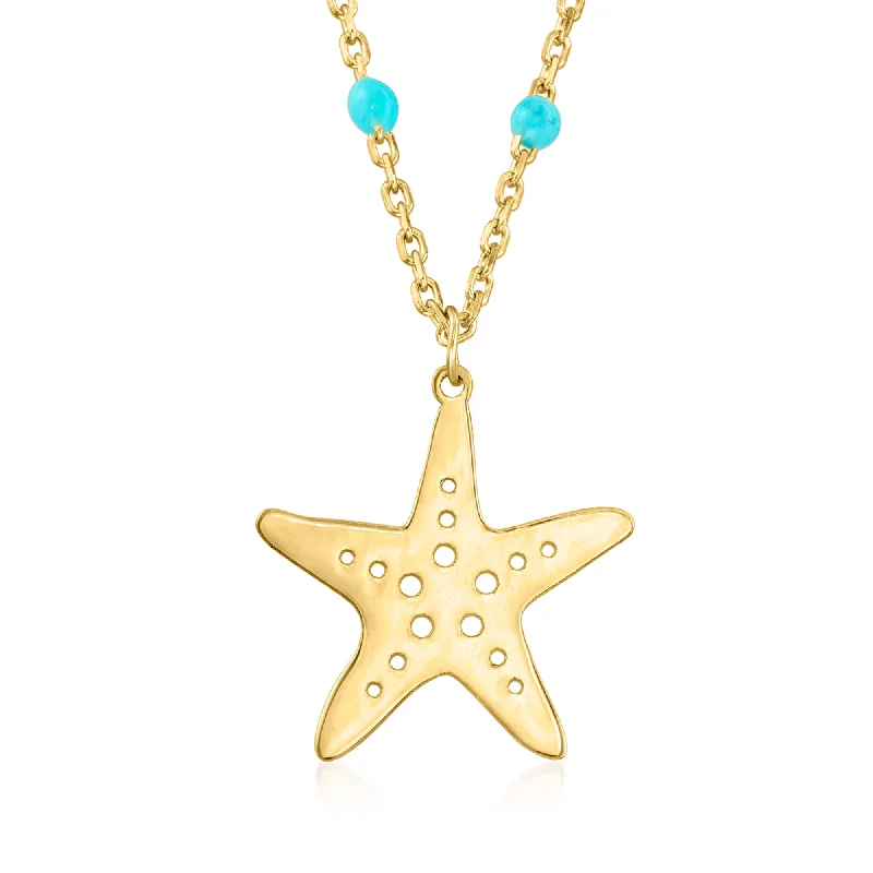 Ross-Simons Italian 14kt Yellow Gold Starfish and Blue Enamel Station Necklace