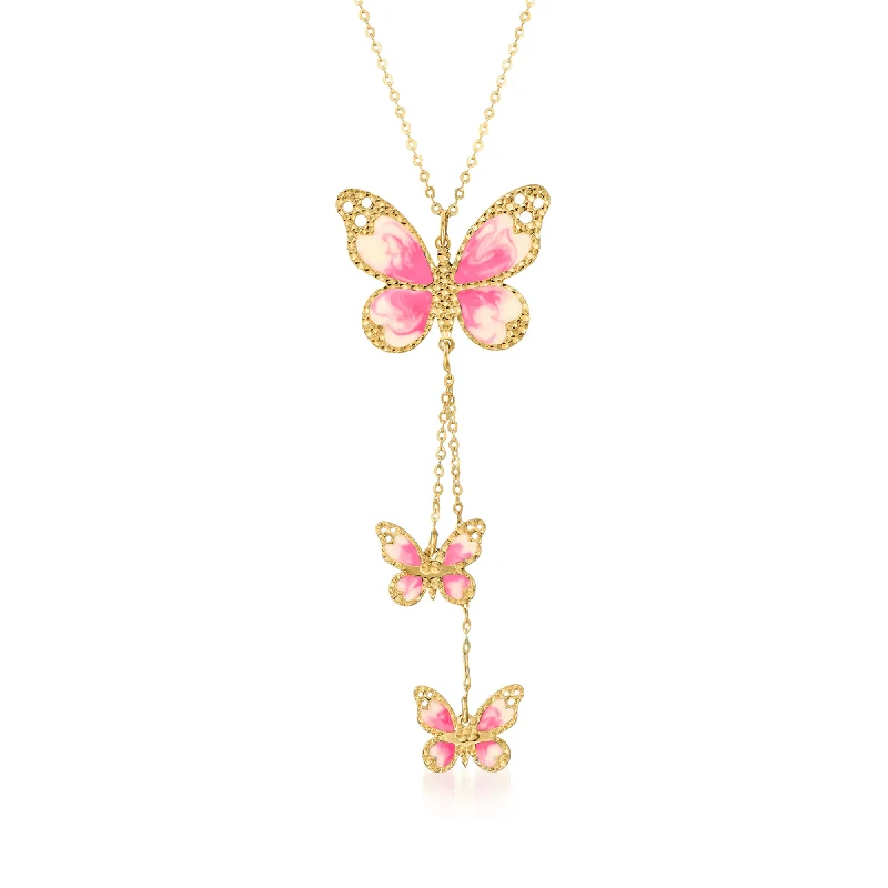 Ross-Simons Italian Pink and White Enamel Butterfly Necklace in 14kt Yellow Gold