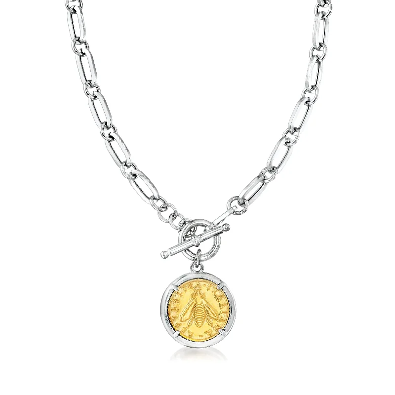 Ross-Simons Italian Replica Bee Lira Coin Necklace in Sterling Silver and 18kt Gold Over Sterling