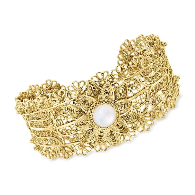 Make Every Moment Shine – Jewelry Discounts Available Ross-Simons Mother-Of-Pearl Floral Vintage-Style Cuff Bracelet in 18kt Gold Over Sterling. 7 inches