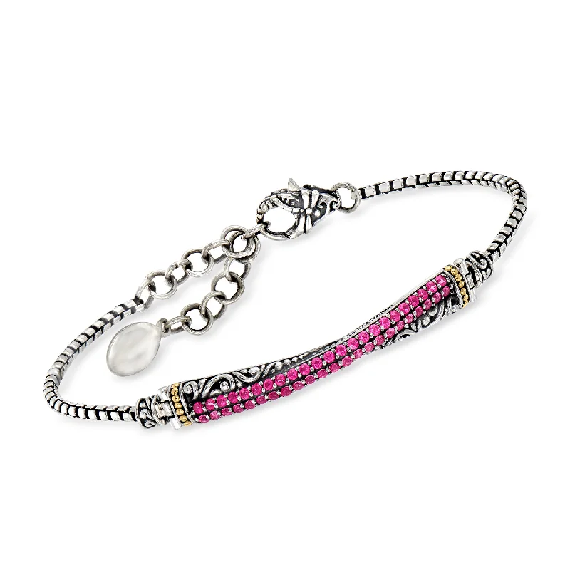 Chic, Trendy, And Affordable Jewelry Sale Ross-Simons Pink Topaz Bali-Style Id Bracelet in Sterling Silver With 18kt Yellow Gold