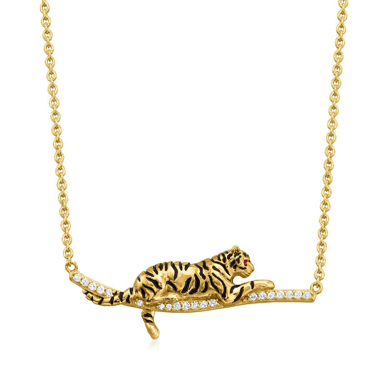 Ross-Simons White Topaz and Black Enamel Tiger Bar Necklace With Ruby Accents in 18kt Gold Over Sterling