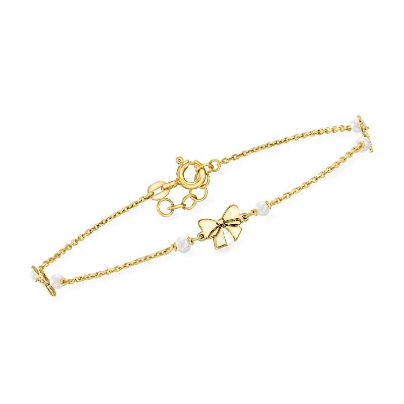 Seasonal Jewelry Sale – Upgrade Your Collection RS Pure by Ross-Simons Italian 2-2.5mm Cultured Pearl and 14kt Yellow Gold Bow Station Bracelet
