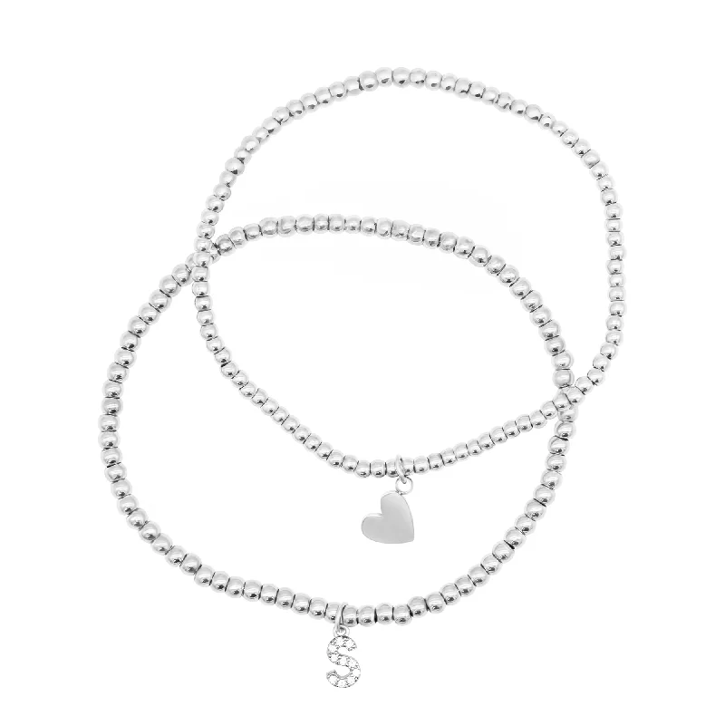 Elevate Your Outfit With Discounted Statement Jewelry Silver Plated Stretch Bracelet Set with Mini Crystal Initial