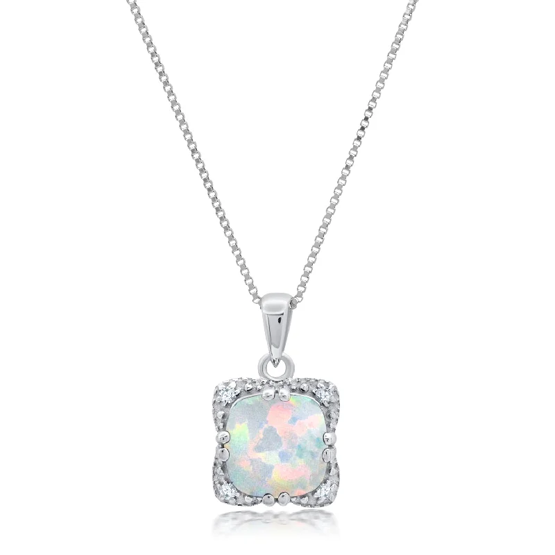 Sterling Silver Cushion Cut Gemstone Square Pendant Necklace and Created White Sapphire Accents on 18 Inch Chain