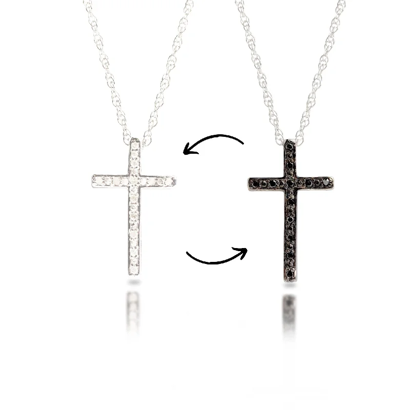 Huge Savings On Premium Jewelry Styles Sterling Silver Diamond Reversible White & Black Diamond Cross Necklace with Adjustable 18” or 20” Rope Chain