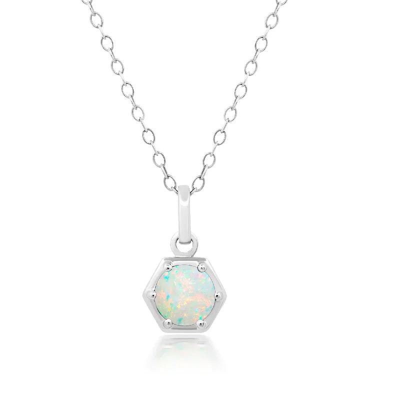 Sterling Silver Round Gemstone Hexagon Pendant Necklace on 18 Inch Chain