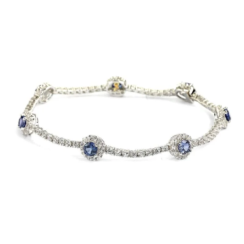 Suzy Levian Sterling Silver Sapphire and Diamond Accent Flower Tennis Bracelet - Blue