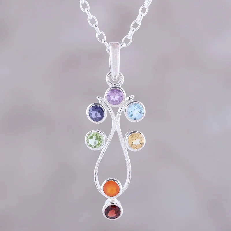 Fashion-Forward Geometric Jewelry For Contemporary Style Wellspring of Energy Sterling Silver and Multi-Gemstone Chakra Pendant Necklace