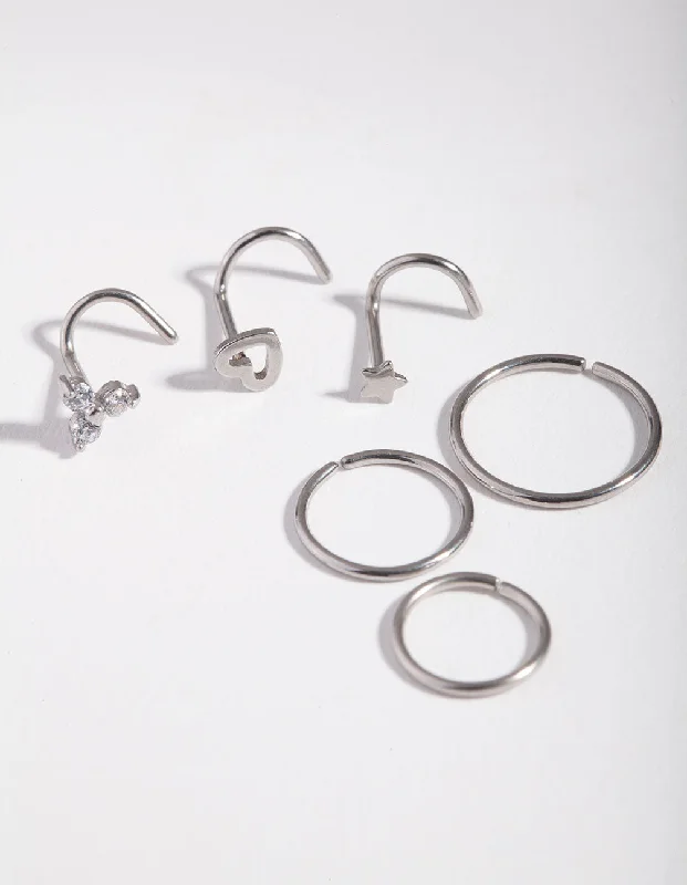 Rhodium 3-Diamante Motif 6-Pack Nose Piercings