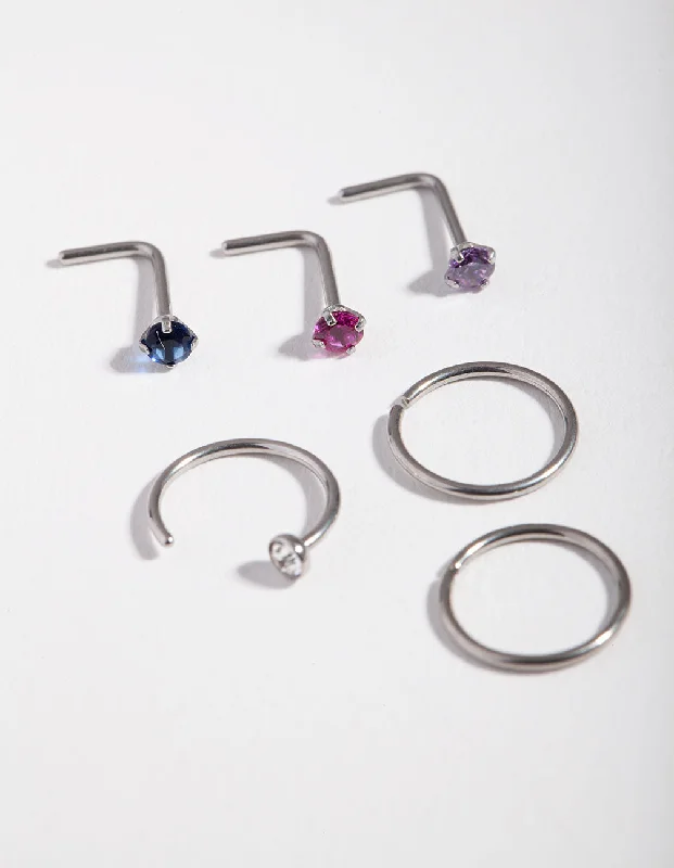 Rhodium Diamante 6-Pack Nose Piercings