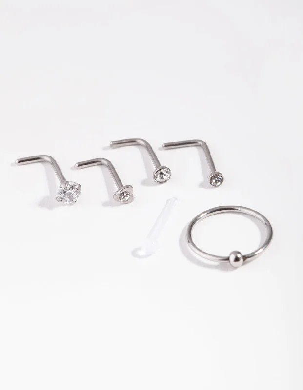 Silver Mixed Diamante 6-Pack Nose Studs