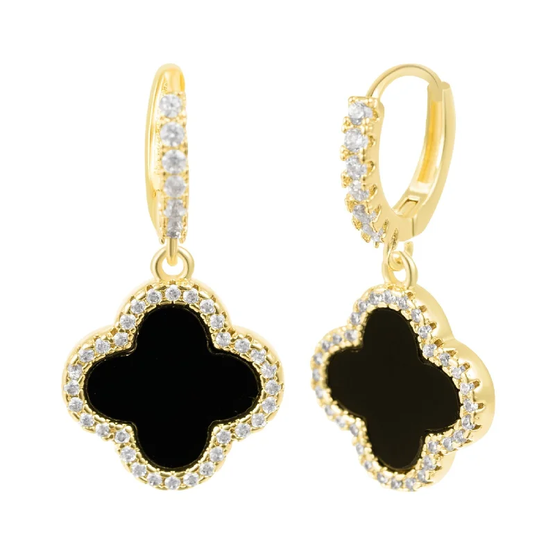 Affordable Elegance – Special Jewelry Sale Now Live 14k Gold Plated Crystal Halo Black Clover Dangle Huggie Earrings