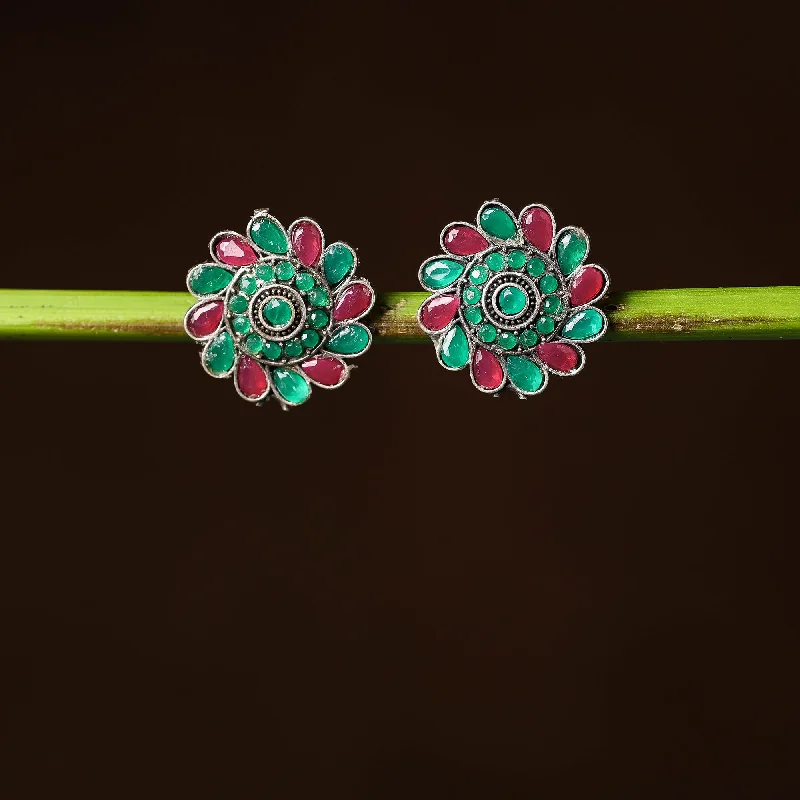 Affordable Luxury Jewelry For Every Occasion Antique Silver Finish Oxidised Brass Base Stone Work Stud Earrings
