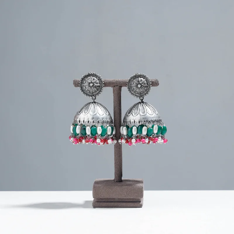 High-Quality Gemstone Jewelry For Special Occasions Antique Silver Finish Oxidised Brass Base Jhumki Earrings