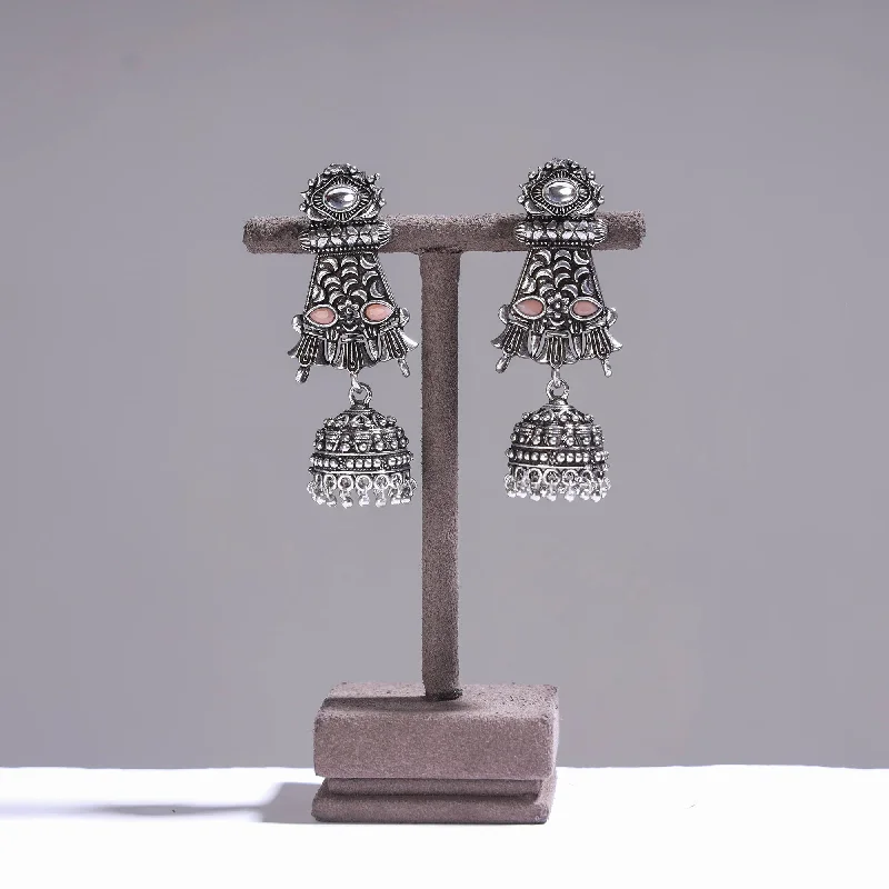 Grab Stylish Jewelry Before The Sale Ends Antique Silver Finish Oxidised Brass Base Stone Work Jhumki Earrings