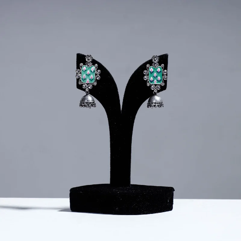 Customized Silver Jewelry For Unique Style Antique Silver Finish Oxidised Brass Base Enamel Work Jhumki Earrings