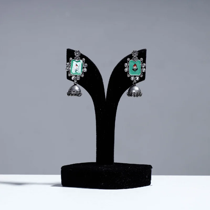 Your Perfect Accessory At The Perfect Price Antique Silver Finish Oxidised Brass Base Enamel Work Jhumki Earrings