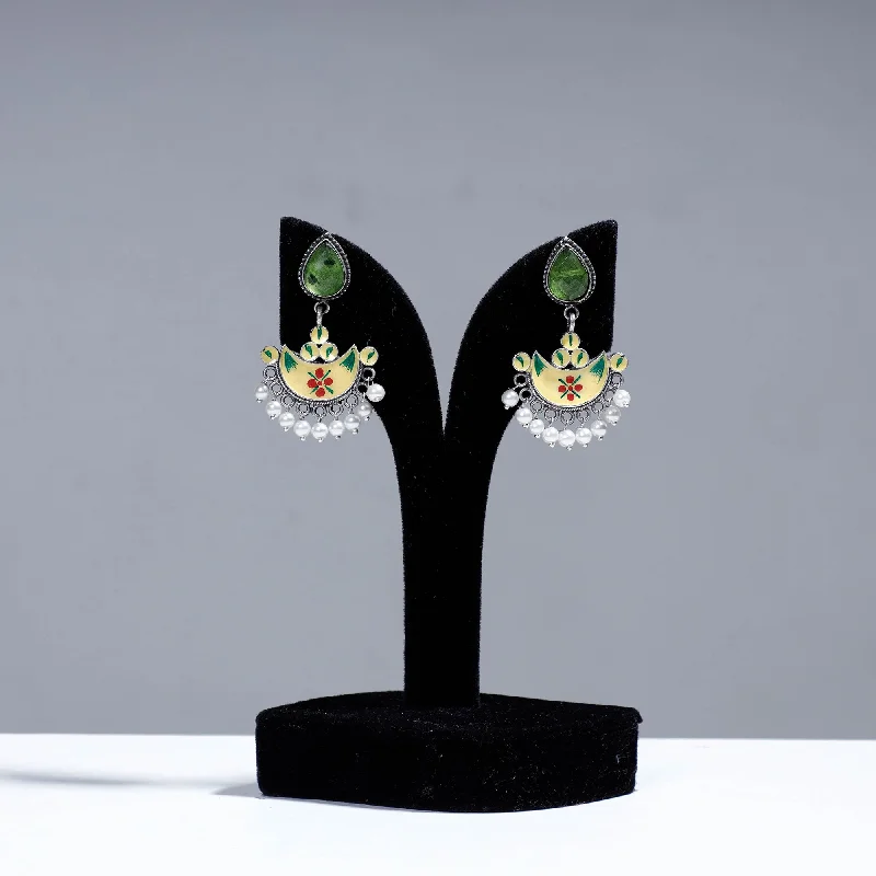 Versatile Layering Jewelry For Effortless Chic Antique Silver Finish Oxidised Brass Base Enamel & Stone Work Earrings