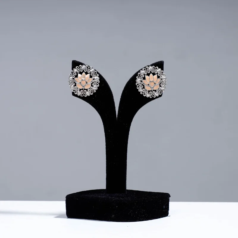 Trendy Minimalist Jewelry For Everyday Wear Antique Silver Finish Oxidised Brass Base Enamel Work Stud Earrings