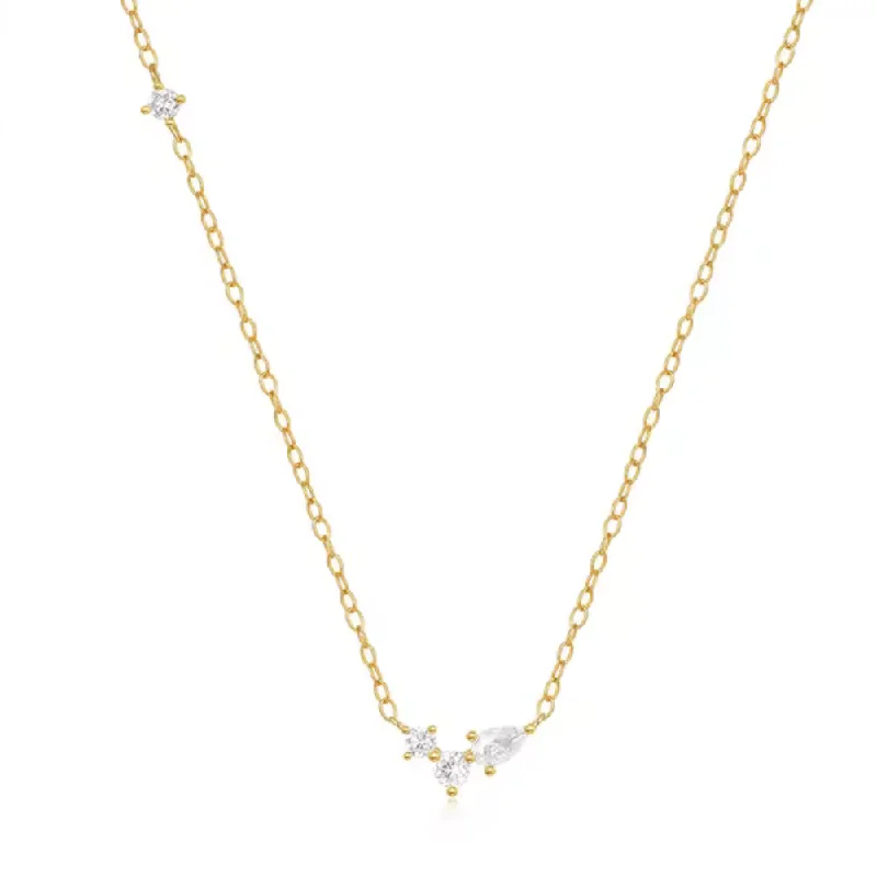 Timeless Elegance Now At Special Discounts 18K Gold Plated Sterling Silver Necklace with Three Round and One Pear Cut Cubic Zirconia Stones Timeless Elegance Now At Special Discounts 18K Gold Plated Sterling Silver Necklace with Three Round and One Pear Cut Cubic Zirconia Stones