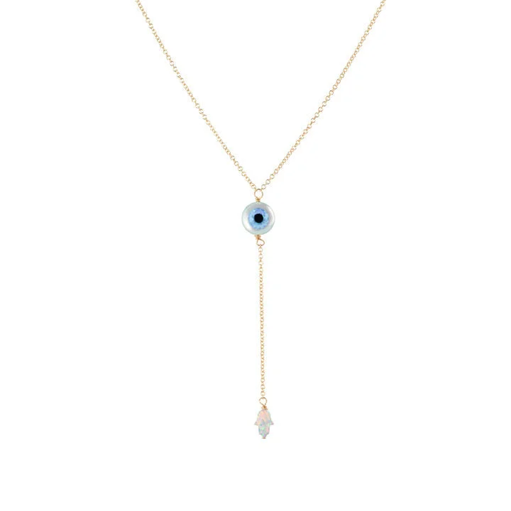Shop Handcrafted Jewelry At Special Promotional Rates EVIL EYE + TINY HAMSA OPAL LARIAT Shop Handcrafted Jewelry At Special Promotional Rates EVIL EYE + TINY HAMSA OPAL LARIAT