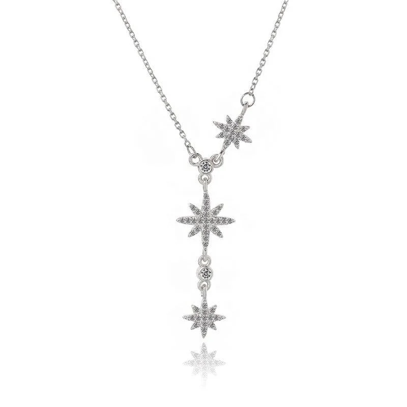 Handmade Pearl Jewelry For Timeless Elegance Gold Three Star Lariat Necklace with White Diamond Cubic Zirconia