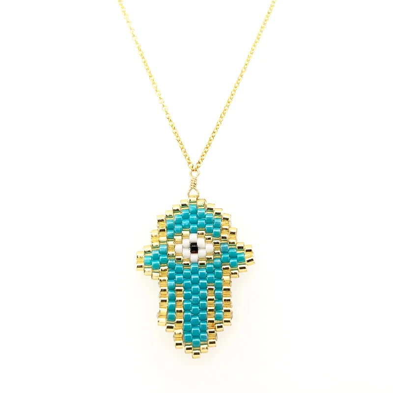 Bohemian-Inspired Jewelry For Free-Spirited Fashion Seed Bead Hamsa Turquoise small Necklace Bohemian-Inspired Jewelry For Free-Spirited Fashion Seed Bead Hamsa Turquoise small Necklace