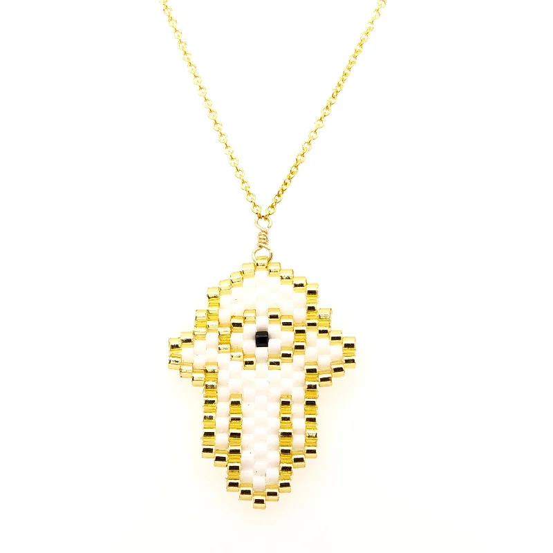 Dainty Floral Jewelry For Feminine Elegance Seed Bead White Hamsa with Black Eye Necklace Dainty Floral Jewelry For Feminine Elegance Seed Bead White Hamsa with Black Eye Necklace