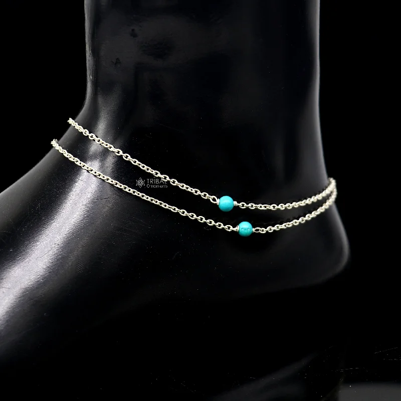 1.5mm 8"to 12" 925 sterling silver chain Single turquoise stone anklet bracelet amazing light weight delicate anklets silver jewelry ank582