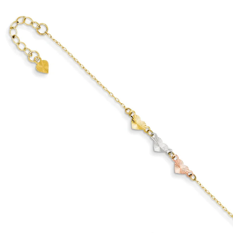 14k Tri Color Gold Adjustable Heart Anklet, 9 Inch