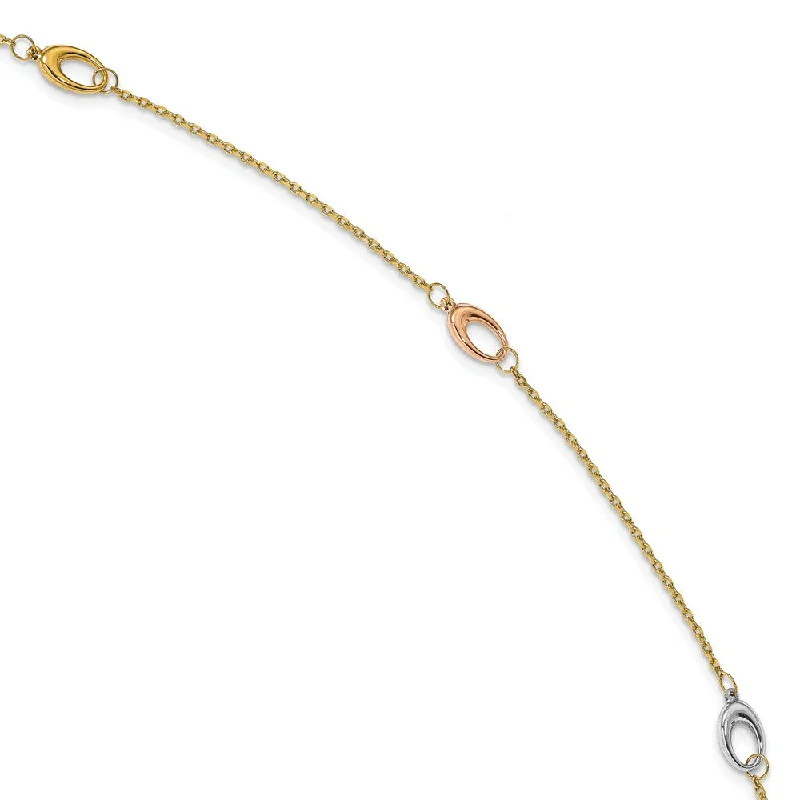 14k Tri-Color Gold Cable Chain And Oval Station Anklet, 9.5-10.5 Inch