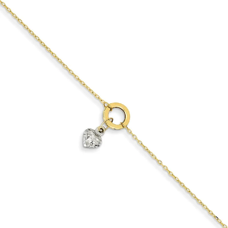 14k Two-Tone Adjustable Gold Circle And Puffed Heart Anklet, 9 Inch