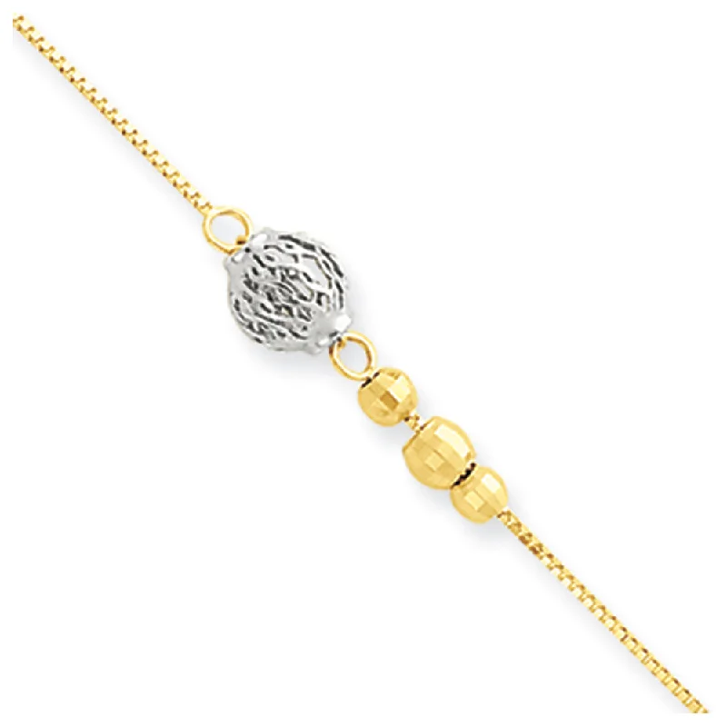 14k Two-tone Gold 0.5mm Box Chain And Bead Anklet, 9-10 Inch