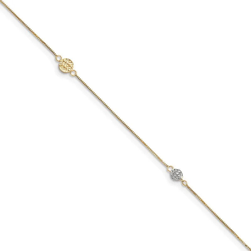 14k Two-Tone Gold 0.5mm Box Chain, Disc and Circle Anklet, 10 Inch