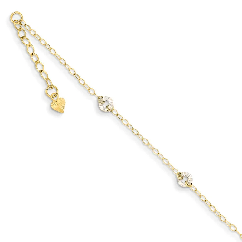 14k Two-Tone Gold Adjustable Oval Chain and Wavy Circle Anklet, 9 Inch